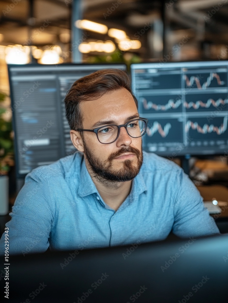 Focused Business Professional Analyzing Financial Data on Computer Focused Business Professional Analyzing Financial Data on Computer