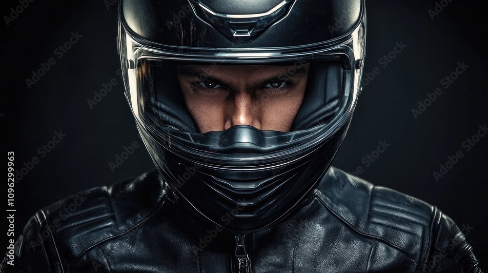 Intense close-up of a biker in a sleek black motorcycle helmet and leather jacket, showcasing a fierce expression against a dark background. Intense close-up of a biker in a sleek black motorcycle helmet and leather jacket, showcasing a fierce expression against a dark background.