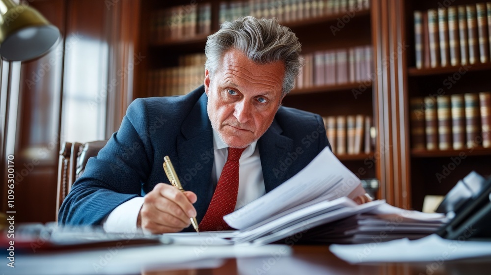 Mature Businessman Reviewing Documents in Office Setting Mature Businessman Reviewing Documents in Office Setting