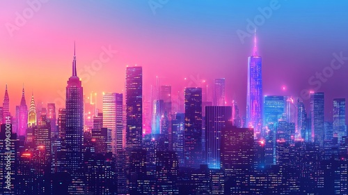 Vibrant city skyline at dusk urban landscape digital art futuristic atmosphere panoramic view nightlife concept