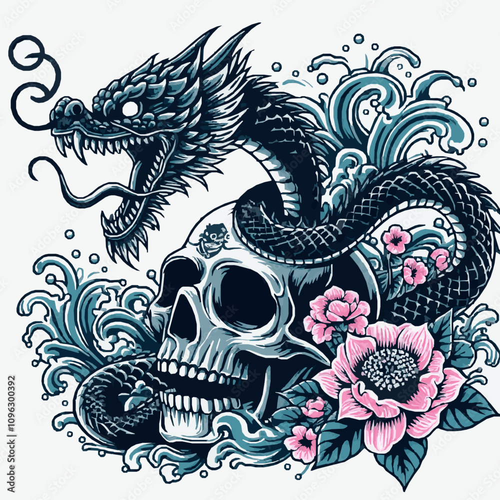 Fototapeta premium Sea dragon snake svg, dragon snake on skull svg, dragon snake svg file, Flower dragon snake svg, Ocean Animal sv v11