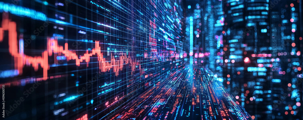 Digital financial data visualization with vibrant colors and graphs Digital financial data visualization with vibrant colors and graphs