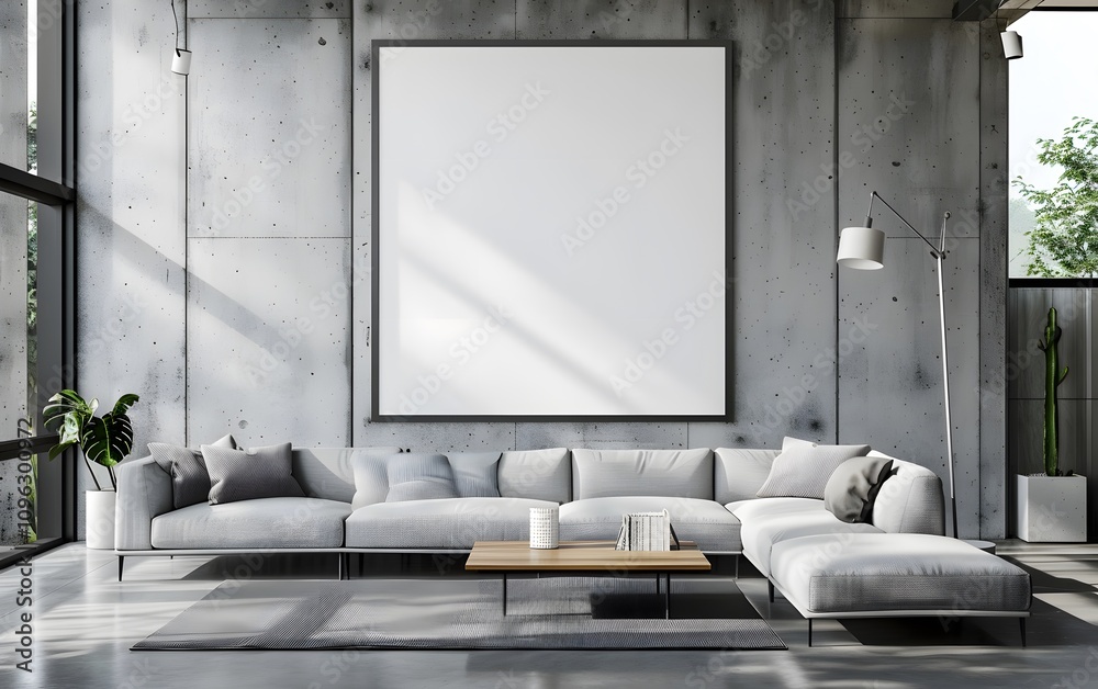 Modern living room with a minimalist design and large blank frame. Modern living room with a minimalist design and large blank frame.