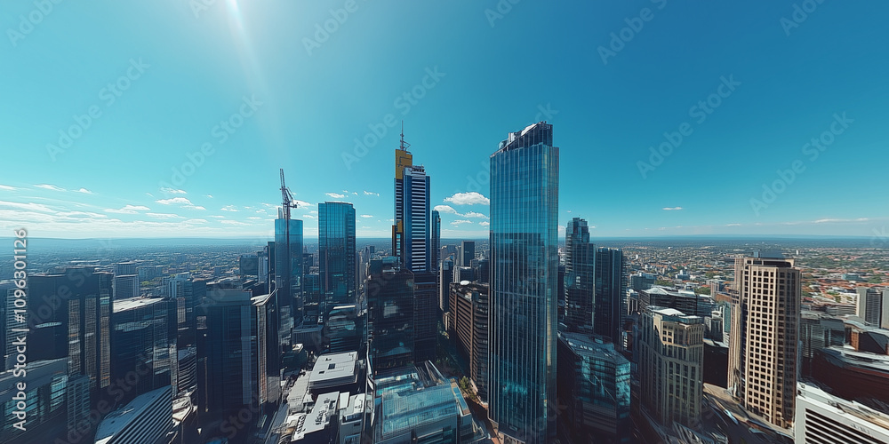 Fototapeta premium Modern Skyline with High-Rise Office Buildings under Blue Sky