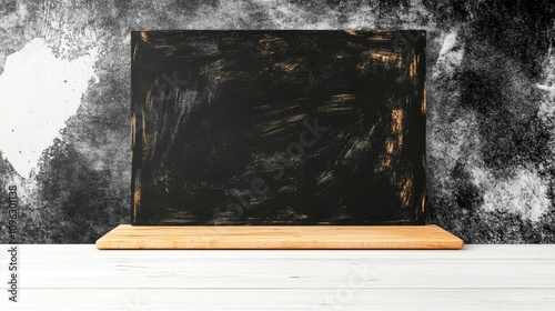 Empty white wooden table with a rustic blackboard backdrop designed for product display in a high-quality setting. photo