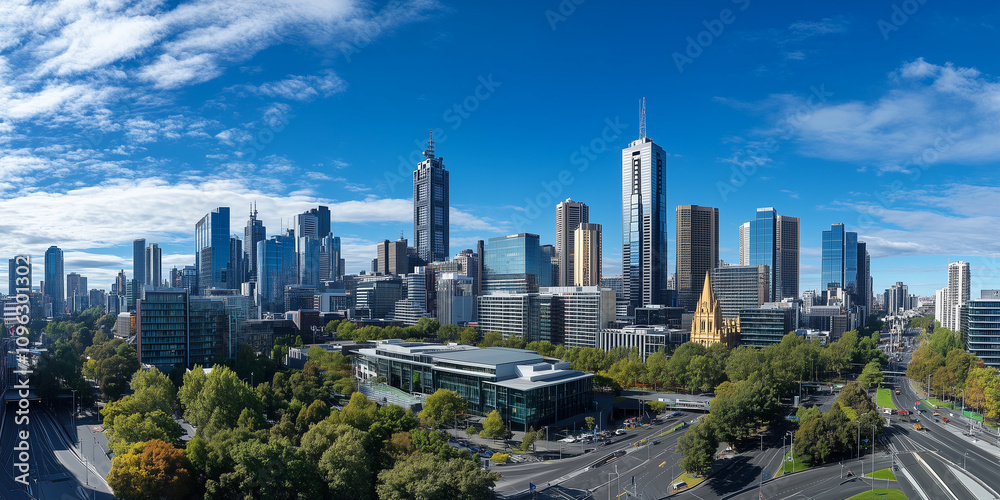 Obraz premium Modern Skyline with High-Rise Office Buildings under Blue Sky