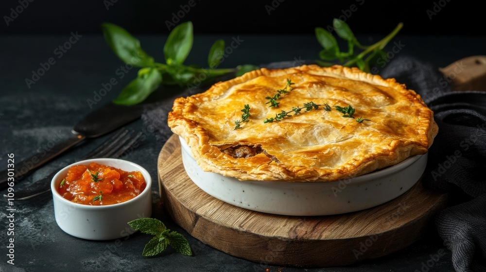 Savoring an authentic australian meat pie on a rustic wooden board with flaky herb-dusted pastry and savory condiments Savoring an authentic australian meat pie on a rustic wooden board with flaky herb-dusted pastry and savory condiments
