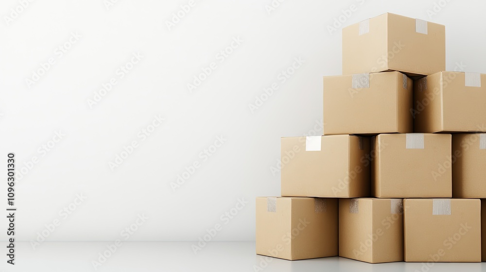 Obraz premium Cardboard boxes in different sizes are stacked neatly on a pure white background, captured from an overhead perspective