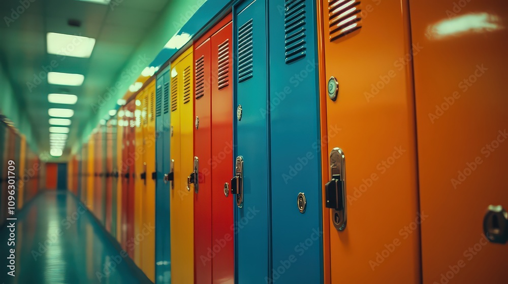 Vibrant orange, blue, and red lockers in a hallway with glossy floors, reflecting the lively and organized atmosphere of a school or gym. Vibrant orange, blue, and red lockers in a hallway with glossy floors, reflecting the lively and organized atmosphere of a school or gym.