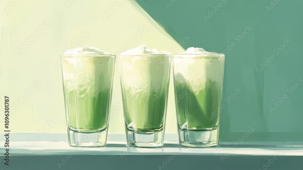 Three Glasses of Matcha Latte with Whipped Cream Three Glasses of Matcha Latte with Whipped Cream