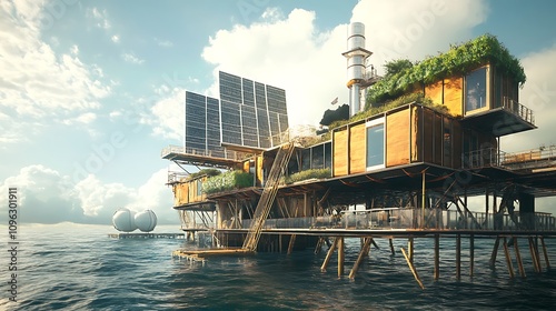 Sustainable Ocean Habitat: Stunning 3D Render of a Self-Sufficient Offshore Home. AI Generated