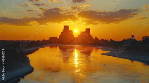 Golden Sunset over Desert River and Rock Formations