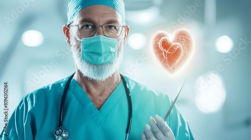 Doctor Holding Surgical Instrument with Heart Graphic Overlay photo