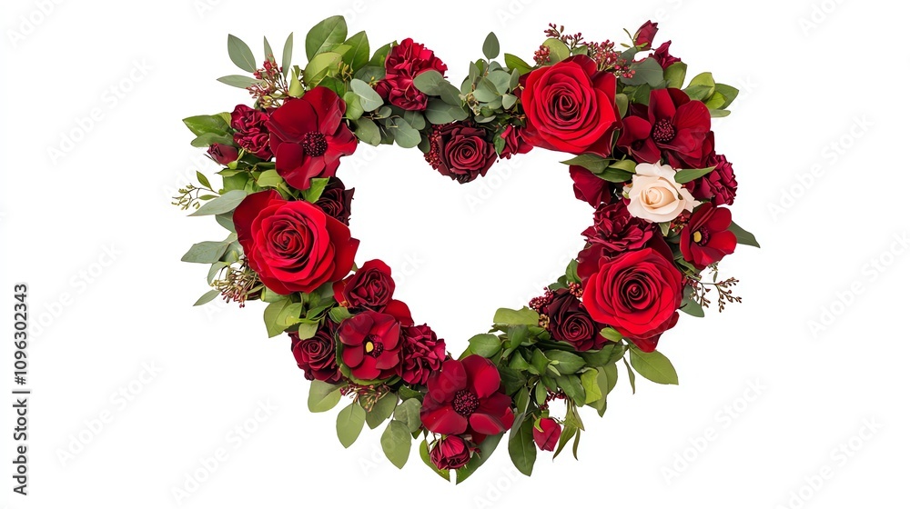A heart-shaped floral arrangement featuring stunning red and white roses surrounded by lush green leaves. A heart-shaped floral arrangement featuring stunning red and white roses surrounded by lush green leaves.