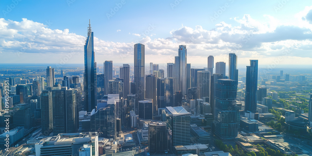 Fototapeta premium Modern Skyline with High-Rise Office Buildings under Blue Sky