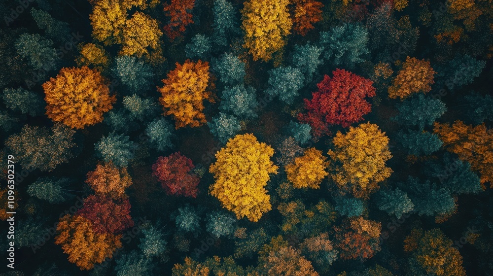 Aerial view of a forest with vibrant fall foliage in shades of red, yellow, orange, and green. Aerial view of a forest with vibrant fall foliage in shades of red, yellow, orange, and green.