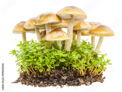 a group of mushrooms growing from dirt photo