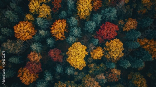 Aerial view of a forest with vibrant fall foliage in shades of red, yellow, orange, and green.