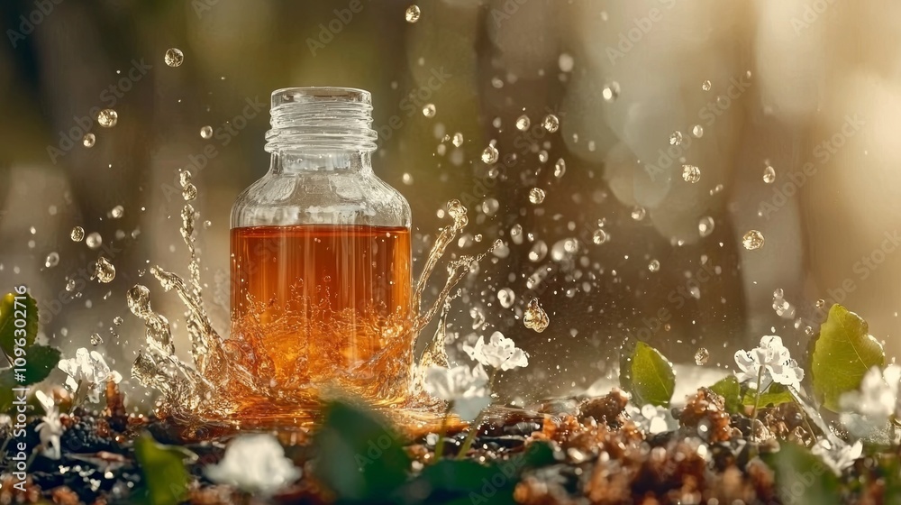 Splashing Liquid in Glass Bottle Surrounded by Nature