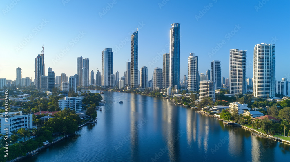 Modern Skyline with High-Rise Office Buildings under Blue Sky Modern Skyline with High-Rise Office Buildings under Blue Sky