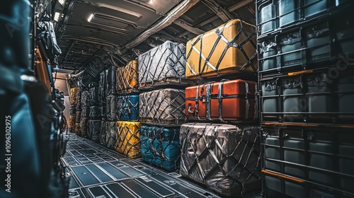 A close-up of an airplane cargo hold fully loaded with various baggage and cargo containers. Neatly stacked luggage 