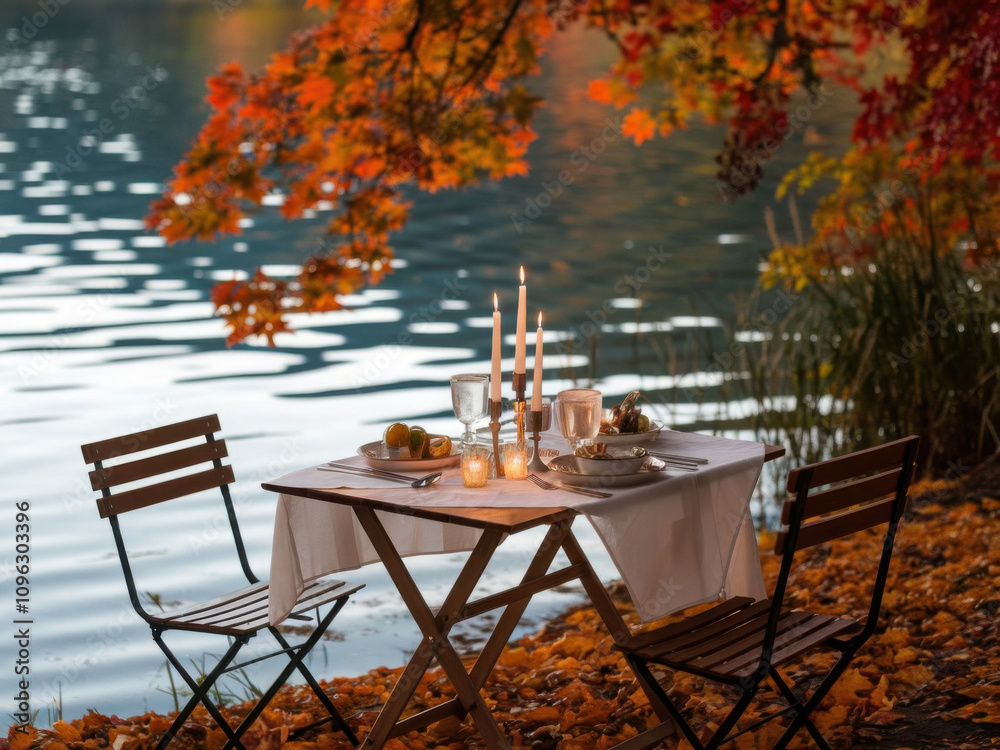 Obraz premium Acogedor comedor junto al lago rodeado de follaje otoñal y luces cálidas 