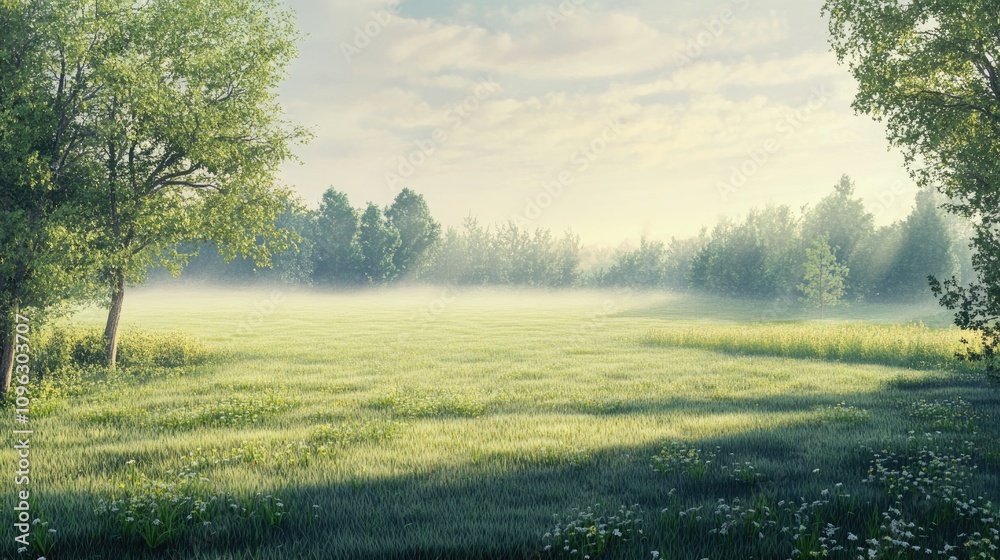 Morning summer landscape showcasing freshly cut grass in a lush meadow with gentle morning fog and vibrant greenery under a serene sky Morning summer landscape showcasing freshly cut grass in a lush meadow with gentle morning fog and vibrant greenery under a serene sky