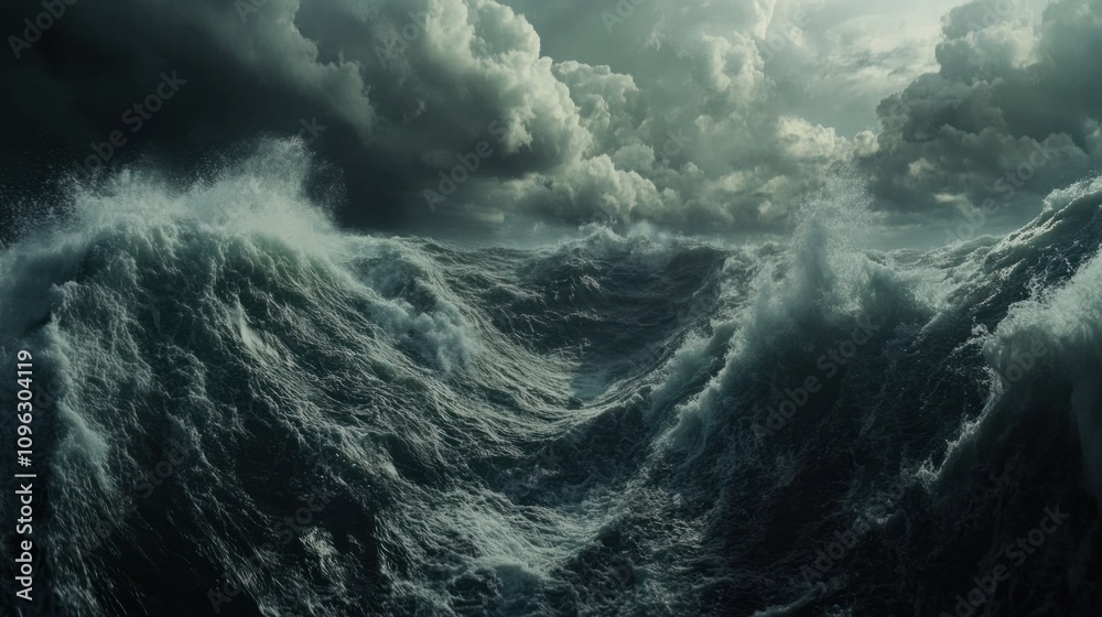 Fototapeta premium Dramatic sea with stormy waves and dark clouds, creating an intense and moody ocean scene