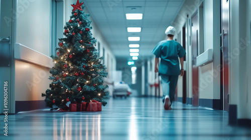 Nurse walking on hospital hallway with focus on Christmas tree