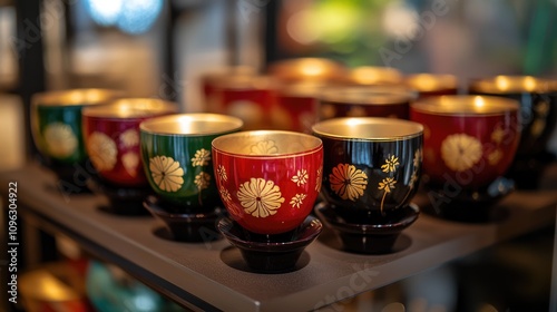 Handcrafted traditional lacquer cups displayed for sale, featuring vibrant colors and intricate gold floral designs on a black shelf.