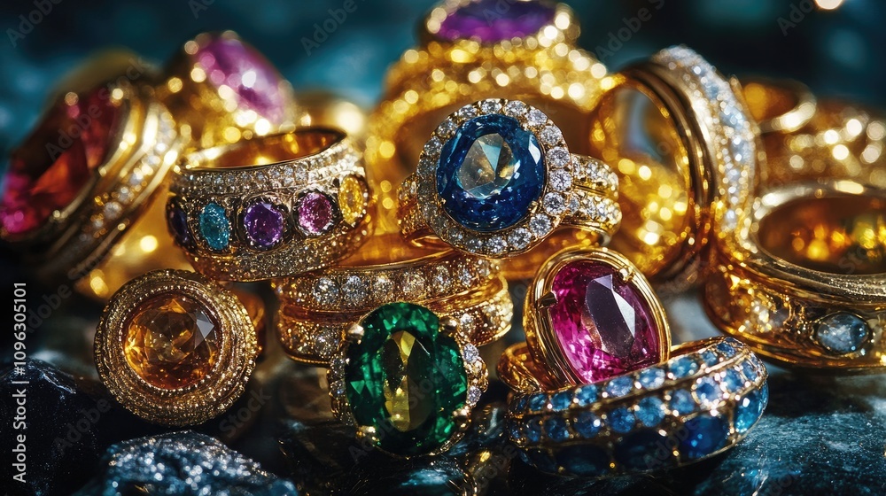 A Stunning Collection of Exquisite Golden Rings Adorned with Colorful Gemstones Gleaming in Dim Light, Perfect for Jewelry Lovers and Fashion Enthusiasts A Stunning Collection of Exquisite Golden Rings Adorned with Colorful Gemstones Gleaming in Dim Light, Perfect for Jewelry Lovers and Fashion Enthusiasts