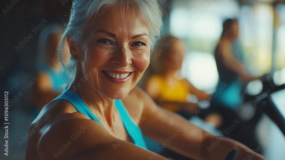 A woman is smiling and wearing a blue tank top