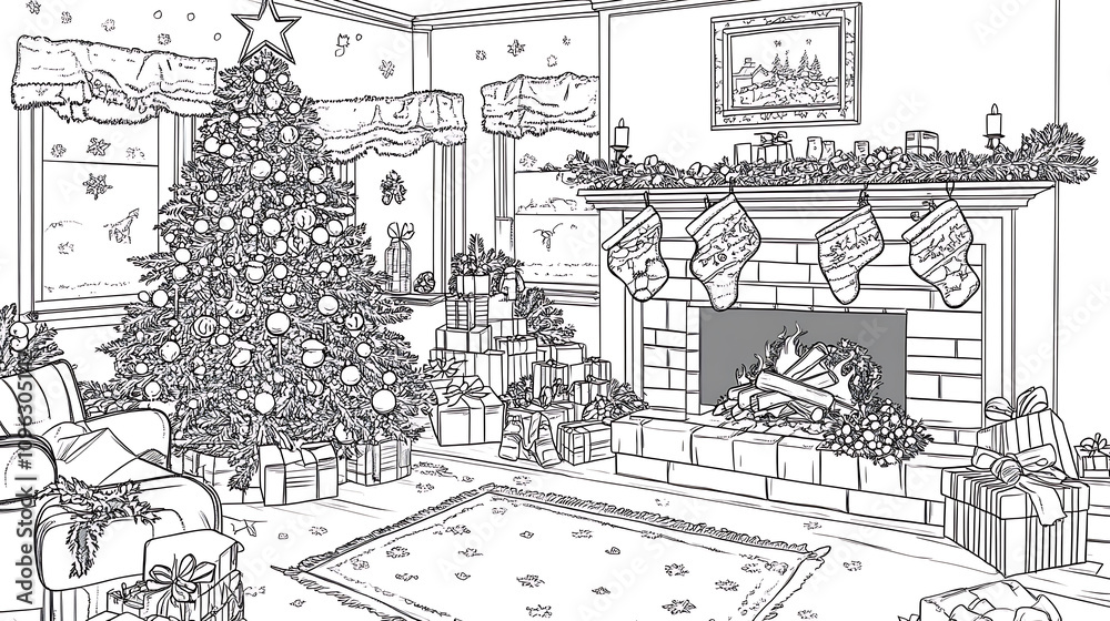Cozy living room in line art style showing a detailed Christmas tree adorned with ornaments and presents stockings on the mantle and a roaring fireplace with a family enjoying hot cocoa in clean Cozy living room in line art style showing a detailed Christmas tree adorned with ornaments and presents stockings on the mantle and a roaring fireplace with a family enjoying hot cocoa in clean