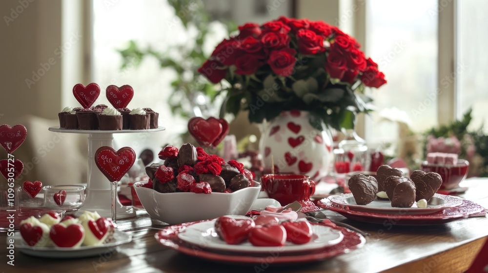 Romantic Valentine's Day Celebration with Gifts, Desserts, and Red Roses Arranged Beautifully on a Table Surrounded by Love-Themed Decorations Romantic Valentine's Day Celebration with Gifts, Desserts, and Red Roses Arranged Beautifully on a Table Surrounded by Love-Themed Decorations