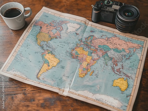 A world map spread out on a wooden table beside a camera and a cup of coffee. photo