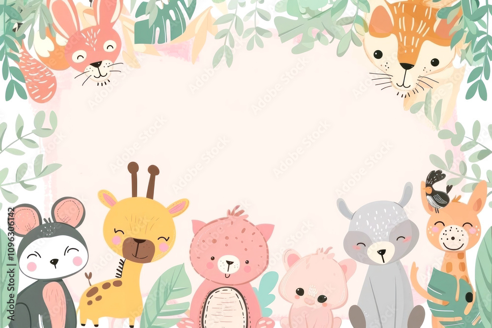 Naklejka premium Adorable cartoon animals welcome you to a jungle adventure! Perfect for kids designs or invitations