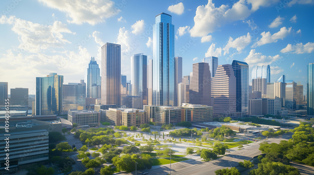 Obraz premium Modern City Skyline with CBD Office Buildings - Drone View and Clear Blue Sky