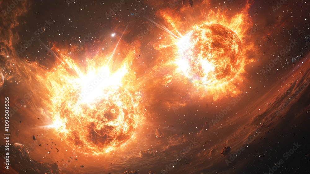 Stunning cosmic event featuring two fiery stars in vibrant explosion, showcasing beauty of space and stellar interactions. This captivating scene highlights dynamic nature of universe Stunning cosmic event featuring two fiery stars in vibrant explosion, showcasing beauty of space and stellar interactions. This captivating scene highlights dynamic nature of universe