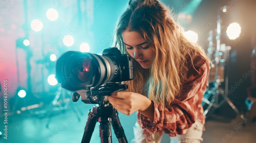 Young Woman Adjusting Camera on Tripod in Photography Studio Young Woman Adjusting Camera on Tripod in Photography Studio
