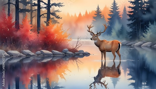 Watercolor painting of majestic deer by tranquil lake at sunrise with vibrant reflections