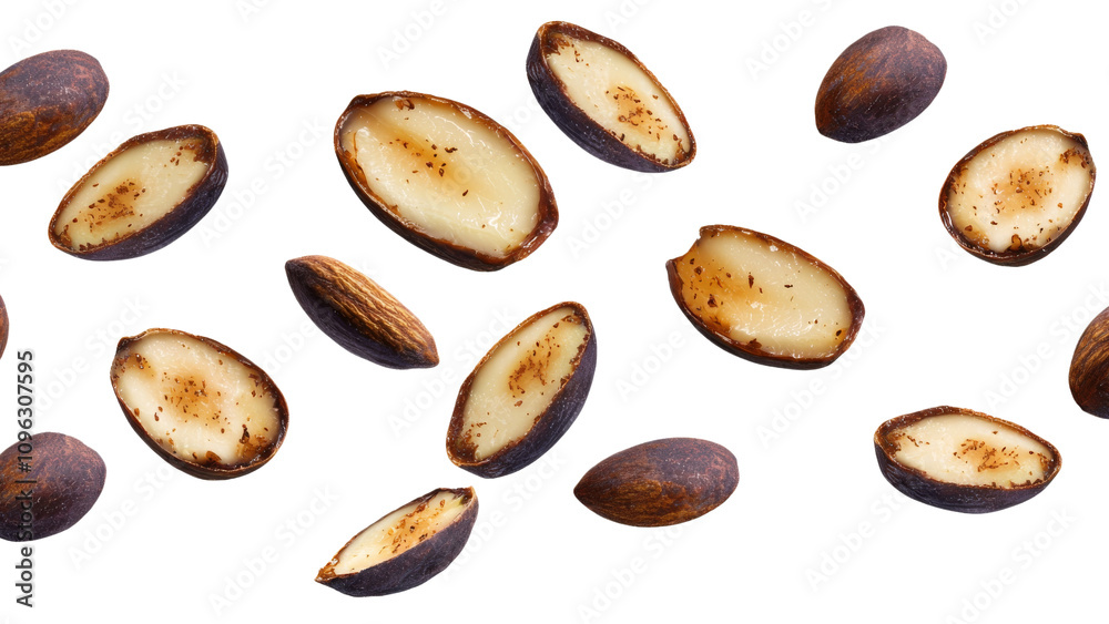 collection of Brazil nuts scattered on white background, showcasing their unique shapes and textures. nuts are both whole and halved, highlighting their rich, creamy interior collection of Brazil nuts scattered on white background, showcasing their unique shapes and textures. nuts are both whole and halved, highlighting their rich, creamy interior