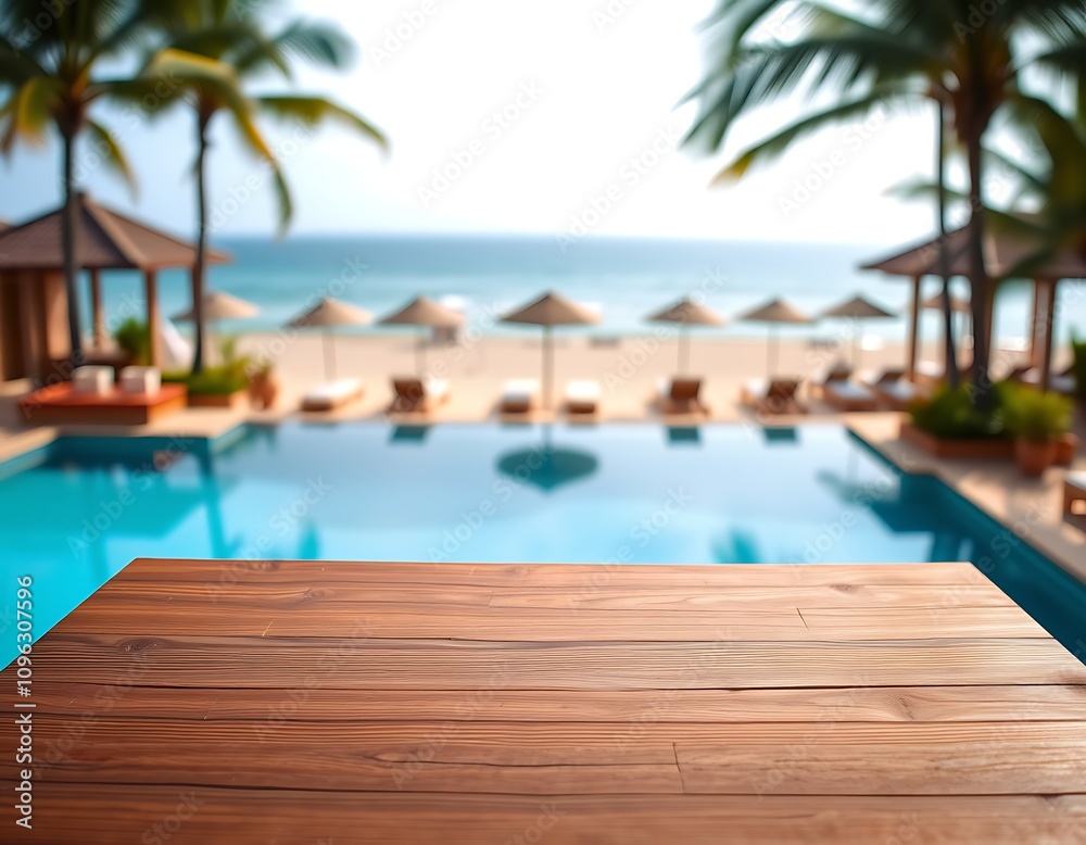 A serene wood table sits atop a sun-kissed beach, positioned in front of a tranquil swimming pool A serene wood table sits atop a sun-kissed beach, positioned in front of a tranquil swimming pool