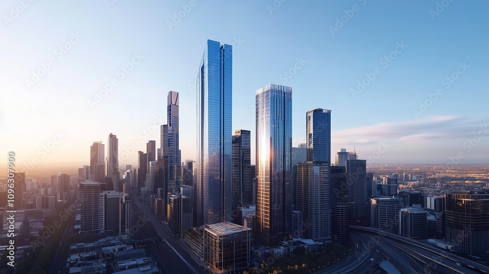 Obraz premium Modern City Skyline with CBD Office Buildings - Drone View and Clear Blue Sky