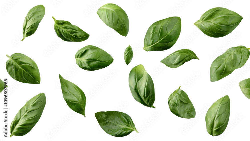 Naklejka premium Fresh basil leaves scattered on black background, showcasing their vibrant green color and unique shapes. Perfect for culinary and design use