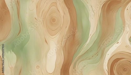 Watercolor painting of wood grain texture in light brown and beige with intricate swirls and lines