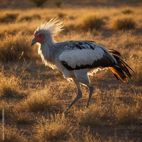 Secretary bird striding through a glowing golden savannah.