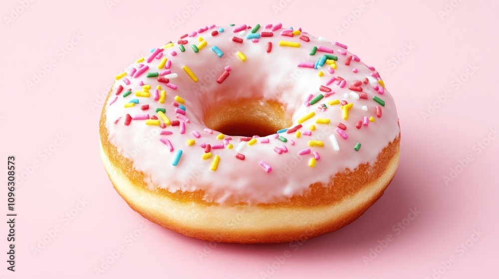 Strawberry donut with pink icing and vibrant sprinkles on a soft pink backdrop, presented in a vertical flat lay to highlight its enticing features. Strawberry donut with pink icing and vibrant sprinkles on a soft pink backdrop, presented in a vertical flat lay to highlight its enticing features.