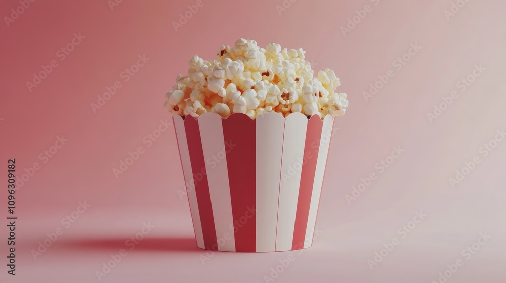 Red and white striped paper bucket heaped with fluffy popcorn against a soft pastel background, creating a playful and inviting snack scene. Red and white striped paper bucket heaped with fluffy popcorn against a soft pastel background, creating a playful and inviting snack scene.
