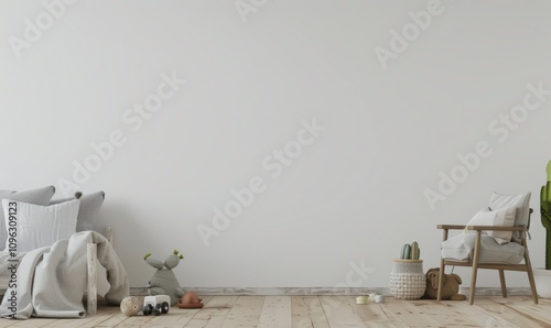 A bright. minimal living room with a white wall. hardwood floors. and a large window with sunlight streaming in There are a few soft toys and a potted cactus on the floor. creating a cozy and welcomin photo