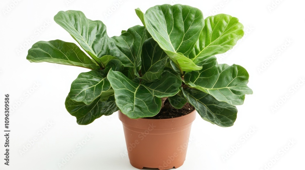 Fiddle Leaf Fig Plant with Lush Green Leaves in a Simple Brown Flower Pot on a Clean White Background Fiddle Leaf Fig Plant with Lush Green Leaves in a Simple Brown Flower Pot on a Clean White Background